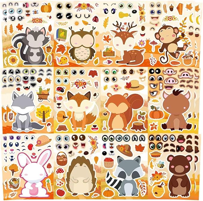 24 sheets fall stickers, make-a-face sticker, fall animal stickers for kids make your own animal mix and match sticker sheets kids party favor supplies craft