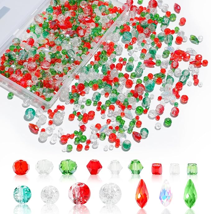 1000pcs Christmas Glass Beads for Jewelry Making Assorted Crystal Beads for DIY Crafts Bracelets Necklaces Earrings and Christmas Decorations Ornament Kits（Red Green White）