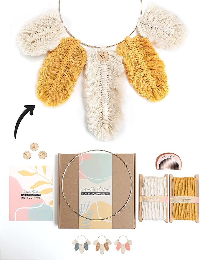 DIY Macrame Kit, Feather Dream Catcher Wall Hanging Kits for Teens & Adult Beginners, Craft Supplies for Boho Art Project-Macrame Cord, Gold Hoop, Accessories & Instructions (Sundial)