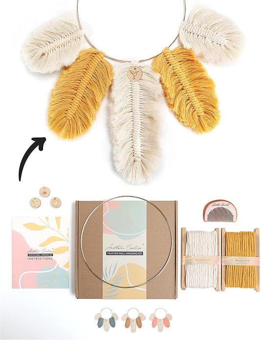 DIY Macrame Kit, Feather Dream Catcher Wall Hanging Kits for Teens & Adult Beginners, Craft Supplies for Boho Art Project-Macrame Cord, Gold Hoop, Accessories & Instructions (Sundial)