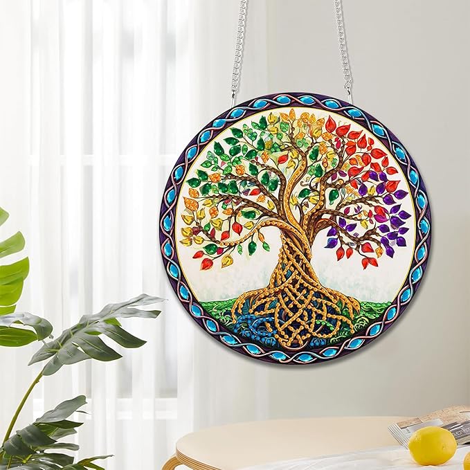 Reofrey Hanging Diamond Art Kits for Adults - 8x8 Inch Tree Acrylic Board Double Sided Pattern Diamond Painting Suncatcher Pendant, DIY Crystal Art for Home Wall or Window Decoration Handmade Gift
