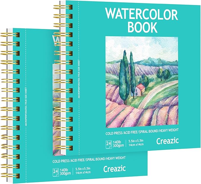 Creazic 2-Pack 5.5"x5.5" Square Watercolor Sketchbook (140lb/300g) | Premium Artist Paper, Spiral Bound & Micro-Perforated | Portable Travel Pad for Watercolor, Hand Lettering, Sketches, Kids & Adults