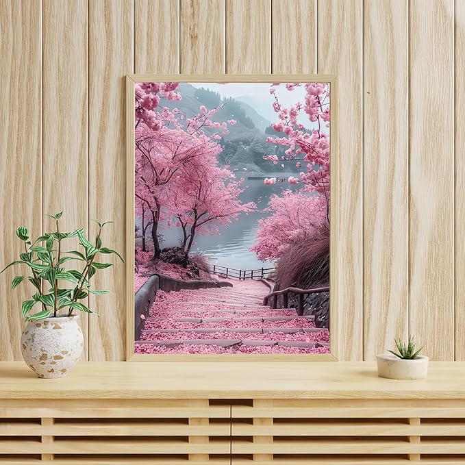 Diamond Art Kits for Adults Cherry Blossom Road, DIY 5D Diamond Painting Kit for Beginners, Full Round Drill Gem Art Dots for Adults, Diamond Dots Paintings Crafts Home Wall Decor 12X16 Inch