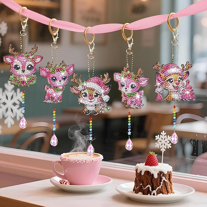 JeCuiK 6 Pcs Diamond Painting Wind Chimes Pink Deer Diamond Art Christmas Ornament Kits Suncatcher 5D DIY Diamond Art Kits for Adults Holiday Xmas Best Gifts