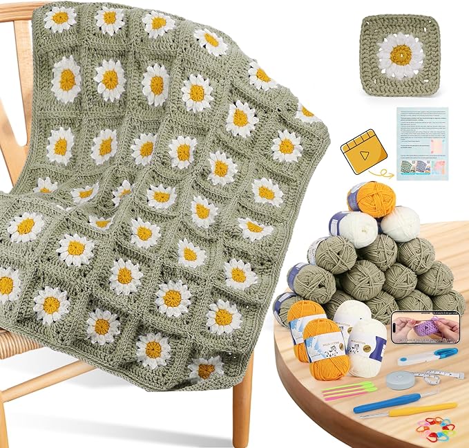 Coopay Crochet Blanket Kit for Beginners, All-in-One Granny Square Blanket Kit with Step-by-Step Video & Enough Yarns - Master Granny Square Crocheting Easily, Ideal Gift for Craft Lovers (Camel)