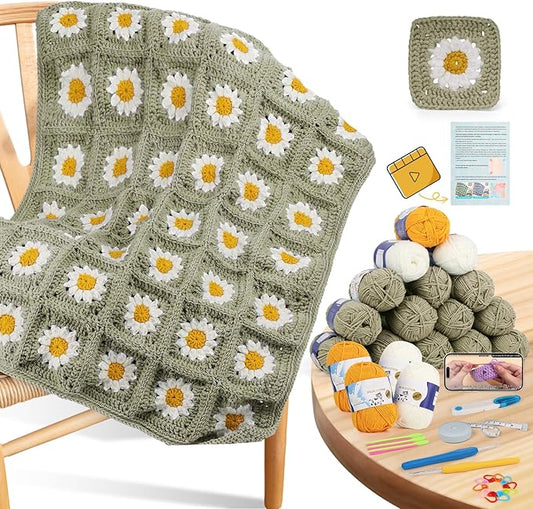Coopay Crochet Blanket Kit for Beginners, All-in-One Granny Square Blanket Kit with Step-by-Step Video & Enough Yarns - Master Granny Square Crocheting Easily, Ideal Gift for Craft Lovers (Camel)