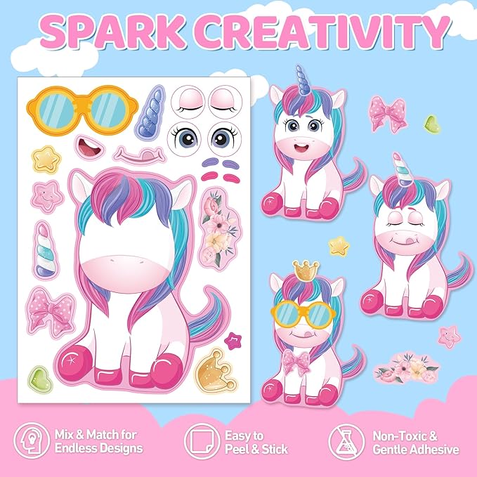 aowplc 30 sheets make a unicorn stickers for kids party favors, birthday decorations & craft activities