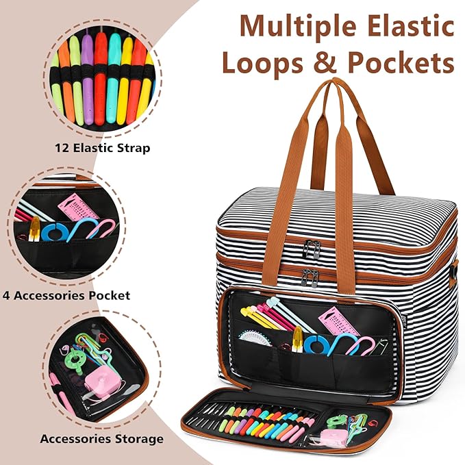 IBFUN 3PCS Crochet Bag with Wrist Yarn Holder, Large Yarn Storage Tote Waterproof Knitting Bag Organizer with Adjustable Strap for Hooks, Needles (Up to 14"), Accessories, Crochet Lovers, Tangle-Free