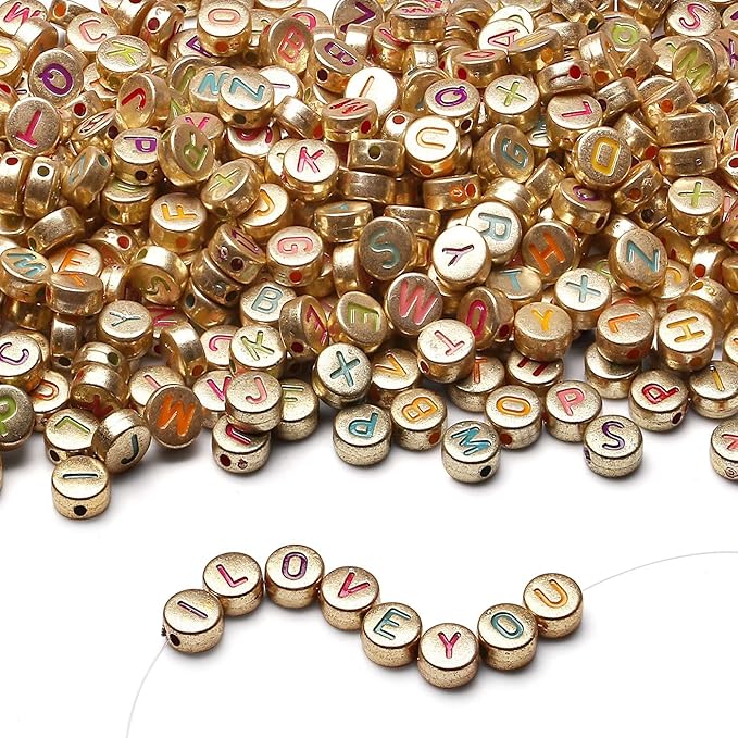 LAIDANLA 1500PCS Acrylic Letter Beads Alphabet Colorful Letters Gold Round Bead 7×4mm for Jewelry Bracelets Necklaces Key Chains Making