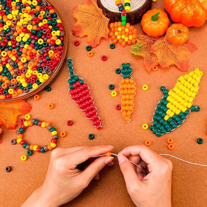 1000PCS Fall Pony Beads Bulk – 6x9mm Green Red Orange Yellow Brown Kandi Beads for Bracelets, Jewelry Making, Hair Braids, DIY Crafts & Thanksgiving Decorations