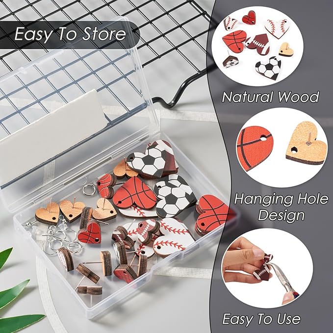 Beadthoven Wood Earrings Making Kit Sports Love Heart Shape Wood Pendants with Stud Earrings Printed Sport Ball Dangle Earring Charms Earring Hooks Jump Rings Ear Nuts for Jewelry Making Sport Lover