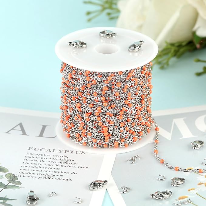 UMAOKANG 33 Feet Stainless Steel Jewelry Chains Bulk for Women Necklace DIY Orange Enamel Beaded Chain for Jewelry Making with Jump Rings and Lobster Clasps