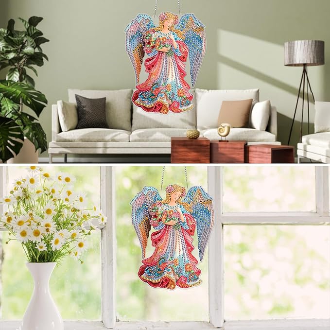 MXJSUA Diamond Art Hanging Kits for Adults Beginners, DIY Acrylic 5D Special Shaped Crystal Diamond Gem Art Painting Hanging Ornament for Home Wall Decor and Gift (Floral Angel)