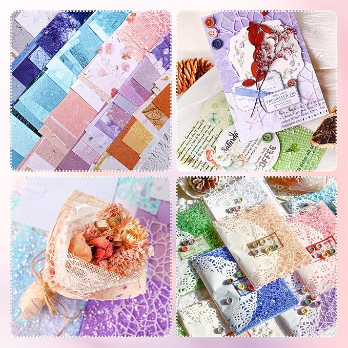 156Sheets Textured Scrapbook Paper & Mesh Fabric Assorted Set+30 Buttons, 6 Pack Mixed Special Paper for Scrapbooking,Planner,Bullet Junk Journal Supplies & DIY Mixed Media Collages 4.3x5.5in