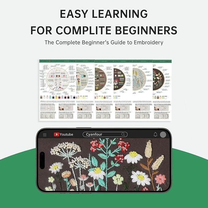 CYANFOUR 6 Stage Embroidery Kit for Beginners Adults, Easy to Learn 38 Different Stitches from Instruction & Video, Needlepoint Kits for Adults with Stamped Embroidery Patterns.