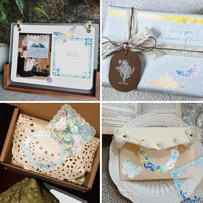 130 Pcs Pastel Fade-Resistant Lace Scrapbook Stickers - Vintage Colorful Butterfly Feather Embellishments, Waterproof Reusable DIY Decor for Journal Wedding Photo Album Craft Gift Seasonal Projects