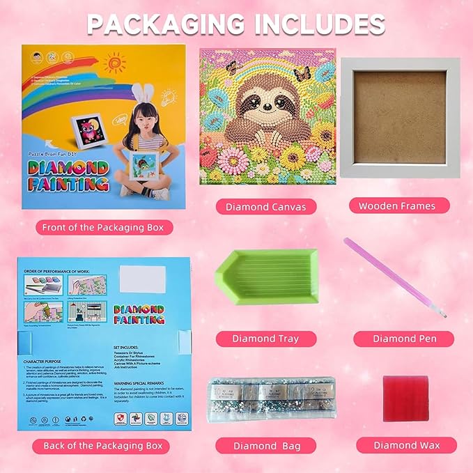 Sloth Diamond Art Painting Kits for Kids with Frame, Animal Diamond Art for Kids Ages 4-8-12 with Frame, Easy Small Cute Gem Painting Kit for Gift Home Wall Decoration (7x7 inch)
