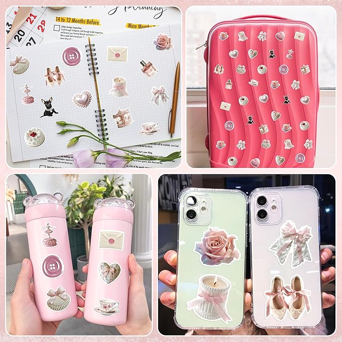 h1vojoxo vintage coquette aesthetic stickers - 1000pcs pink coquette stickers in 2 rolls waterproof vinyl girly realistic coquette decal for kids girls water bottle scrapbook laptop crafts giftwrap