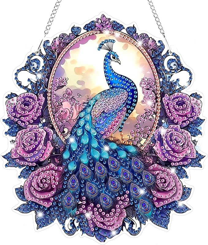 Bowetile Peacock Diamond Art Hanging Kits for Adults, 5D Special Shape Diamond Painting Flowers Pendant Kits, Animal Gem Art Suncatchers Painting Window Ornament for Home Garden Wall Decor