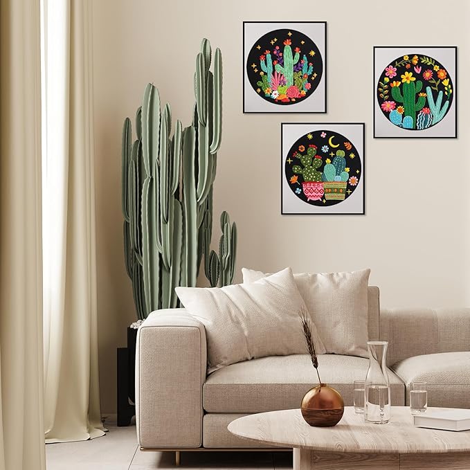 Nuberlic 3 Pack Embroidery Kit for Beginner Adults, Stamped Cross Stitch with Cactus Patterns Include 3 Hoop, Cloth Thread Needles and Instructions