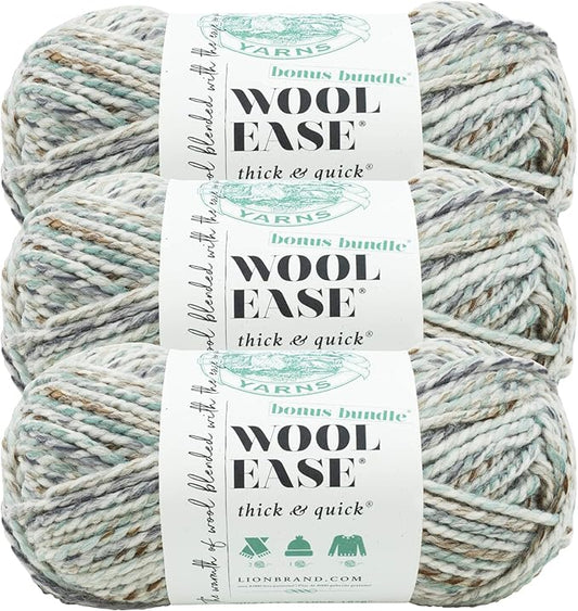 (3 Pack) Lion Brand Yarn Wool-Ease Thick & Quick Bonus Bundle Bulky Yarn, Seaglass