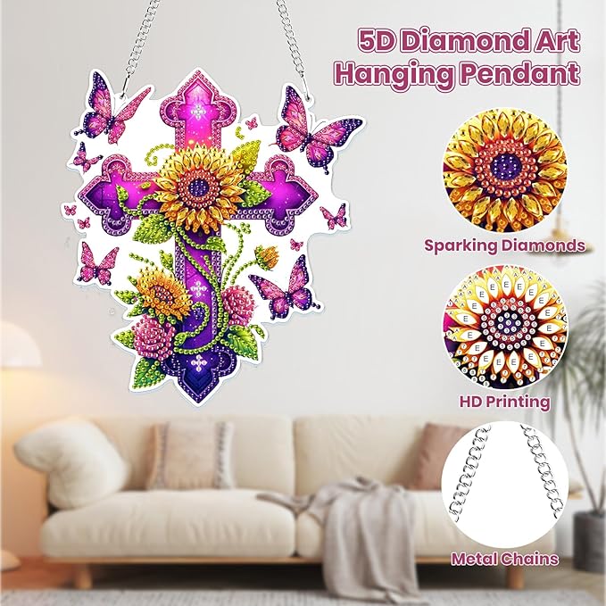 MOGTAA Easter Hanging Diamond Art Pendant Kits, 5D Cross Flowers Diamond Painting Kits for Adults, DIY Butterfly Diamond Painting Kits Special Crystal Gem Art for Home Decor