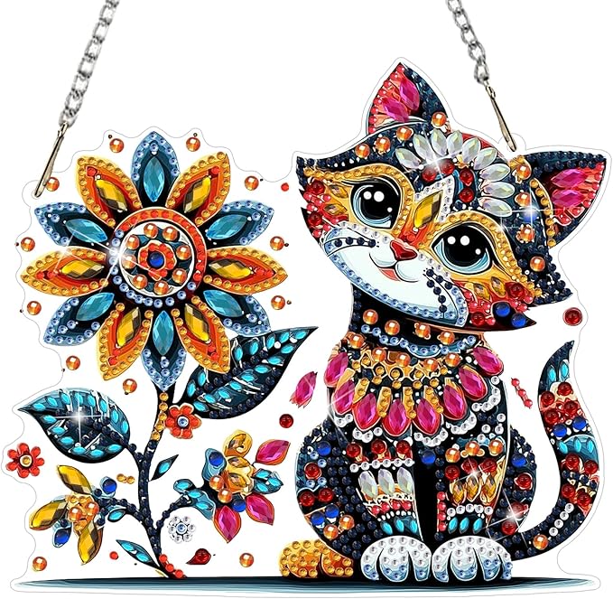 MEIYUDA Flower Cat Diamond Art Hanging Kits for Adult, Colorful Cat Diamond Painting Hanging Kits Ornaments, DIY Special Shaped Rhinestone Window Pendants Kit for Home Garden Wall Decor Gift