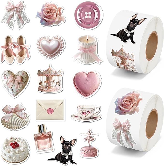h1vojoxo vintage coquette aesthetic stickers - 1000pcs pink coquette stickers in 2 rolls waterproof vinyl girly realistic coquette decal for kids girls water bottle scrapbook laptop crafts giftwrap