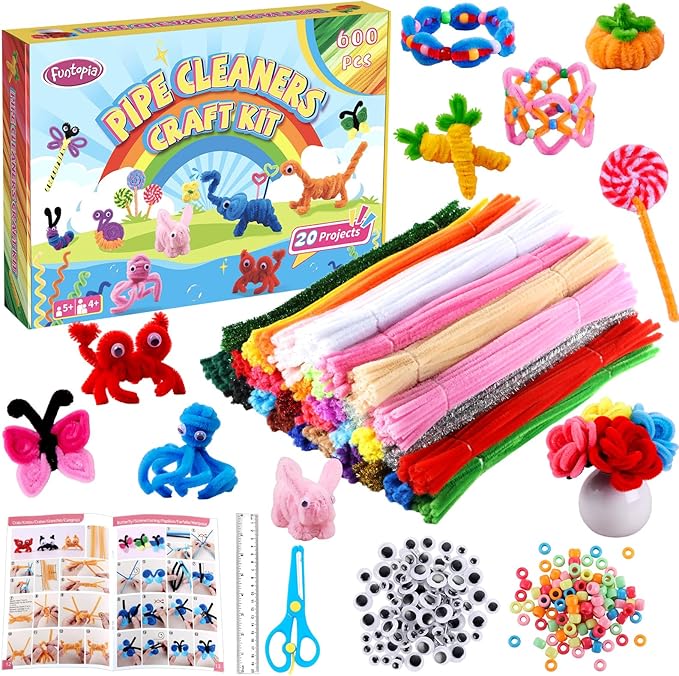 800pcs Pipe Cleaners Crafts Kit, 30 Colors Pipe Cleaners Bulk with 20 Designs Instruction Book, Colorful Chenille Stems for Animal Flower Creative Projects DIY, Arts and Crafts for Kids Ages 4-12