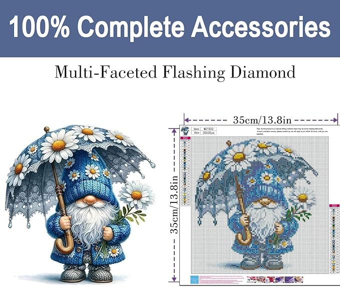 ijbnhd Gnome Diamond Art Kits for Adults, Gnome Diamond Painting Kits for Adults, DIY Full Drill Flowers Gem Art Crystal Rhinestone for Wall Home Decor 14X14inch
