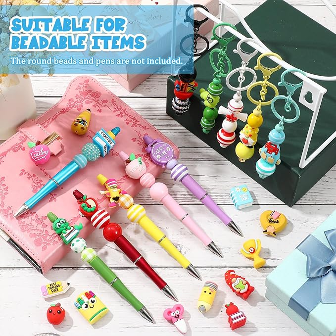 24 Pcs 3D Silicone Focal Beads Pens Beads Bulk for Beadable Keychain DIY Crafts Necklace Bracelet Phone Chain Charms Jewelry Making (Teachers' Day)