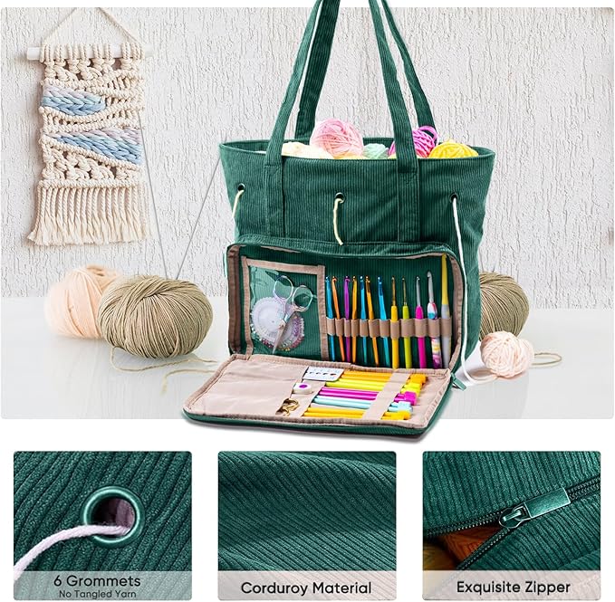 Large Yarn Tote Organizer – Corduroy Knitting Storage Holder for Yarn, Hooks & Accessories, Portable Craft Carryall for Crocheting Lovers, Mother’s Day Gift
