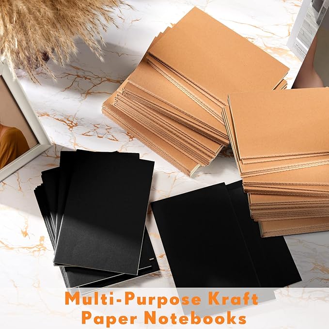 mimorou 100 pcs journals notebooks bulk - kraft softcover a5 small notebooks 5.5 inch x 8.3 inch notepads with 60 page 30 sheet for writing sketch travel office supplies(black, brown,lined)