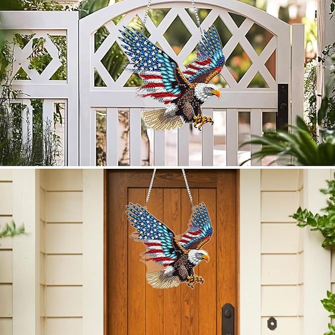 MXJSUA American Flag Bald Eagle Diamond Painting Art Window Suncatchers, Diamond Art Kits for Adults Hanging Ornaments with Chain, 5D Special Shape Crystal Diamond Pendant Accessories for Decor Gift