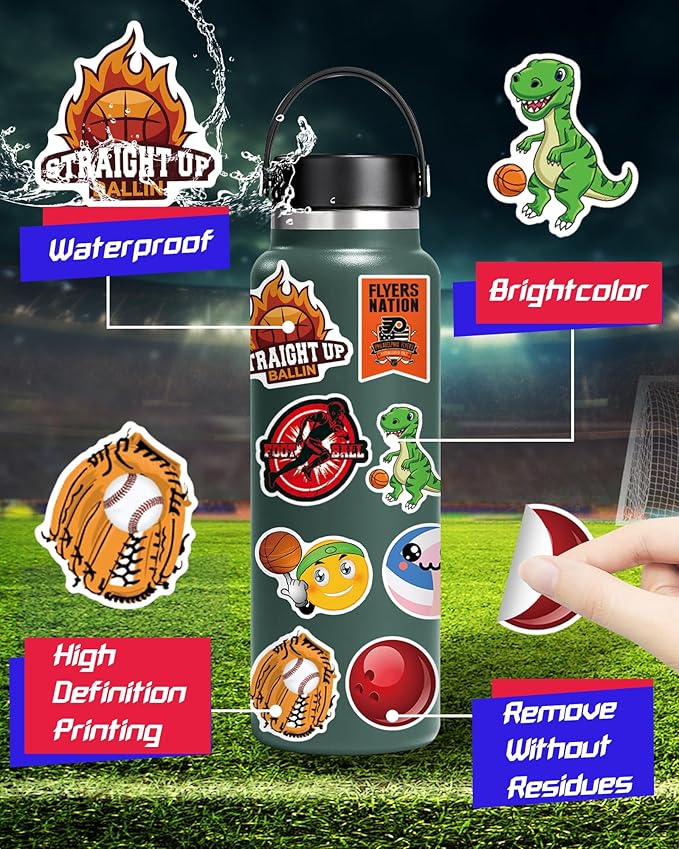 pcnearty 300 pcs sport stickers for kids, sport water bottle stickers, vinyl waterproof laptop sticker for water bottle, bulk sticker packs for boys kids classroom prizes for elementary students