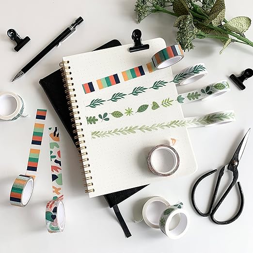 Washi Tape Set of 12 Rolls of 15 mm Wide Cute Decorative Washi Tape for Journaling, Scrapbook, Washy Crafts, Bullet Journals, Planners, DIY Décor, Craft Supplies For Adults & Kids (Tranquility)