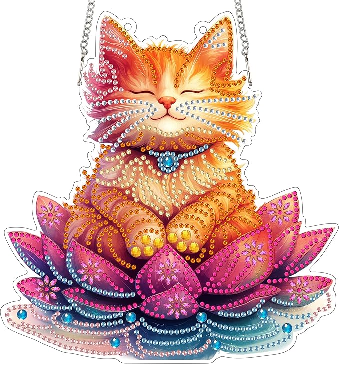 Reofrey Hanging Diamond Art Kits for Adults - 8x8 Inch Cat Acrylic Board Double Sided Pattern Diamond Art Suncatcher Pendant, DIY Crystal Art for Home Wall or Window Decoration Handmade Gift