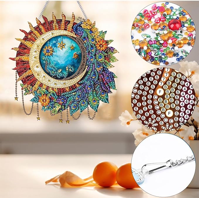 Bimkole Peacock Feather Diamond Art Hanging Kit for Adult, DIY 5D Moon Diamond Art Painting Window Pendant, Acrylic Crystal Art Hanging Ornament for Wall Home Garden Front Door Decor - 7.8x7.8 Inch