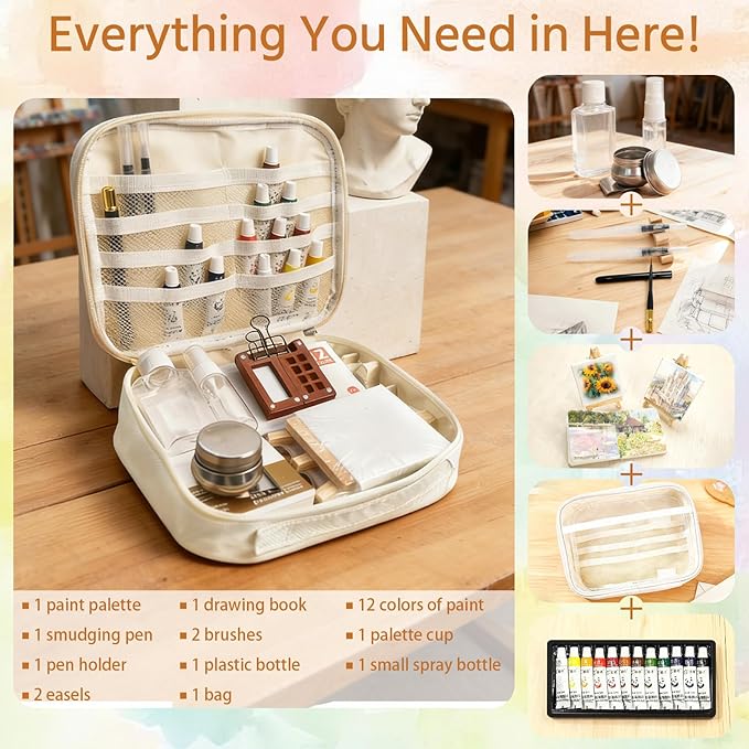 Mini Watercolor Travel Paint Set,22Pcs Artist Watercolor Palette Travel Set with Colors,Wooden Paint Box,Brush,Holder,Oil Cup,Plastic Bottles Storage Bag for Beginners Artists Student(8 Grids)