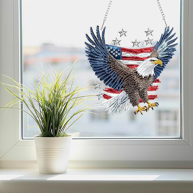 SENQAO Eagle Diamond Art Hanging Kit for Adult, Special Shaped Rhinestone, DIY Acrylic 5D Diamond Art Painting Window Pendants Home Garden Wall Hanging Kits Hanging Ornament