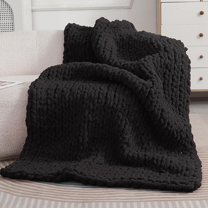 Chunky Chenille Yarn for Hand Knitting 8 Jumbo Pack Jumbo Chunky Yarn for Hand Soft Blanket Knitting, Bulky Thick Fluffy Yarn for Crocheting (Black)