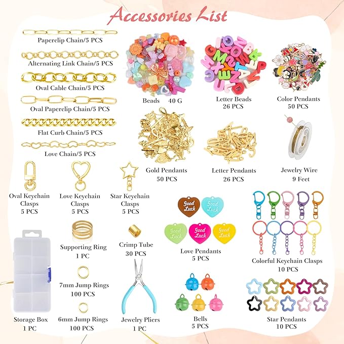 Ecoofor 502 Pcs Keychain Making Kit - Includes 25 Keychain Clips, 30 Extender Chains, 162 Charms, Beading Accessories, Jewelry Pliers - DIY Bag Charms & Jewelry Craft Kit Supplies