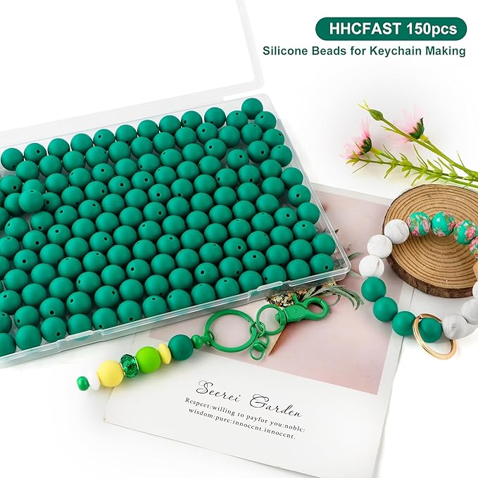 Silicone Beads, 150Pcs 15mm Round, Bulk for Keychain Making, Bracelet Making, Necklace Making, Deep Green