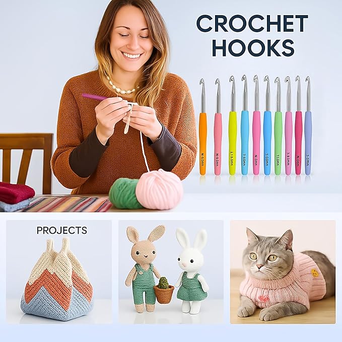 VOLYAR 14 Size Crochet Hook Set with case, 63 Pack Ergonomic Crochet Set 2mm(B)-10mm(N),Crochet Kit for Beginners, Long Crochet Needles