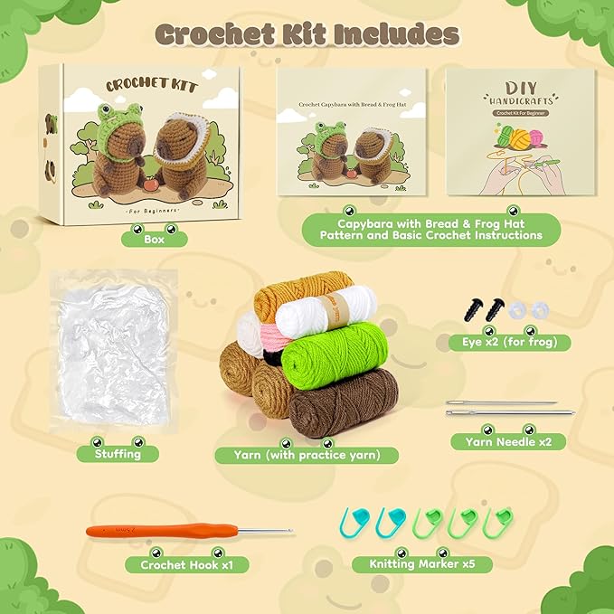 Capybara Crochet Kit for Beginners, 2PCS Capybara with Frog and Bread Hats Crochet Animal Kit with Step-by-Step Video Tutorials, Starters Crocheting Kits for Adult, Animals Knitting Kit for Birthday
