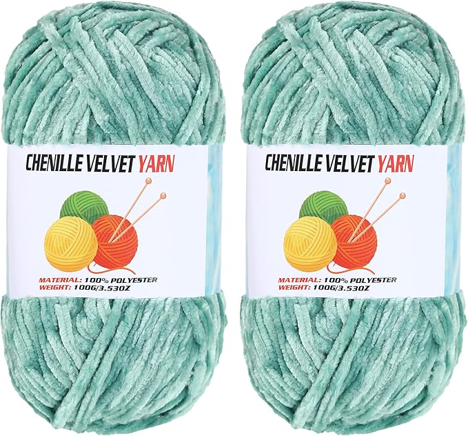 2 * 100g Velvet Chenille Chunky, Handcrafts Weaving Soft Chenille Yarn for Crocheting Clearance, Used for Making Baby Yarn Blanket, Clothes, Knitting Creations (Light Green)