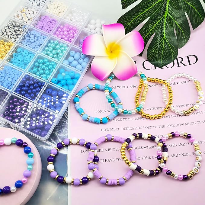 2220pcs Purple Blue Polymer Clay Beads Assorted Pearl Acrylic Round Heishi Flat Round Letter Silver Gold Spacer Beads for Friendship Bracelet Necklace Jewelry Making
