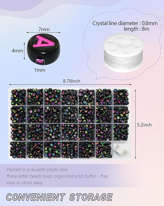 Amaney 1400pcs Colorful Letter Beads Round Alphabet A-Z Heart 4x7mm Black Acrylic Beads and Crystal Line for Jewelry Making