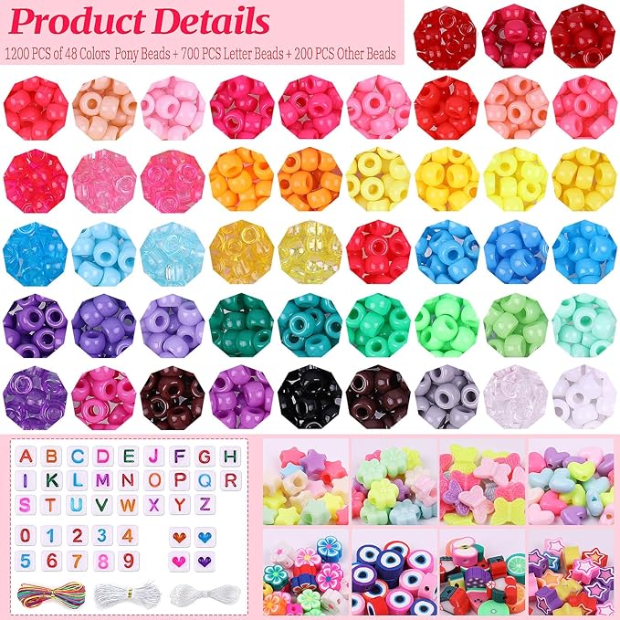 Pubiseed 2303pcs 48 Colors Pony Beads for Bracelet Making Kit, 1500pcs Kandi Bead and 700pcs A-Z Square Letter for Friendship Bracelet Kit, 200 pcs Plastic Bead for Adults Jewelry Making Crafts