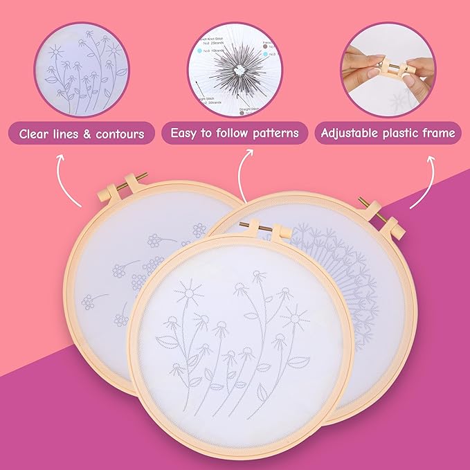 Clear Background Embroidery Kit for Beginners – DIY Hand Embroidery Kit with 3 Hoops, Stamped Patterns, Needles, Thread, Scissors – Minimalist Embroidery Set for Adults, Teens, Women, Craft Lovers